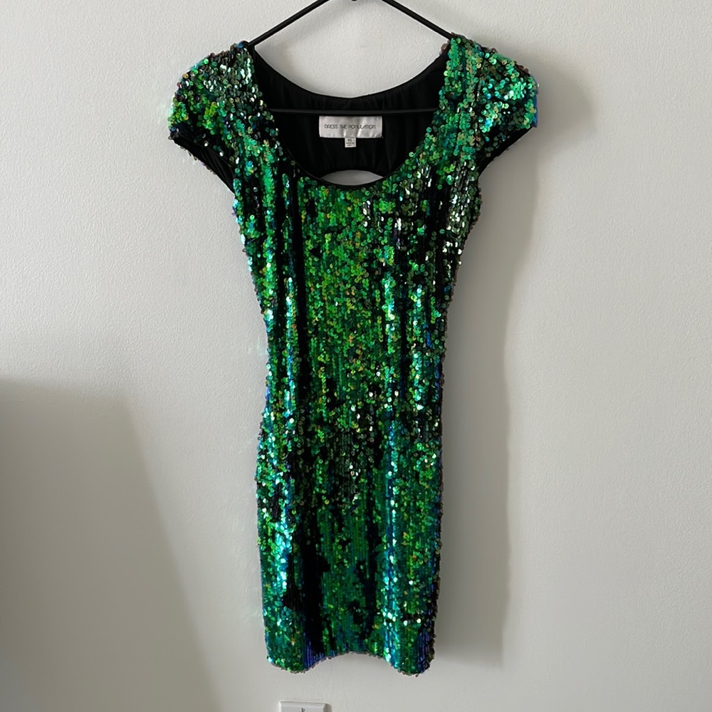 Dress the population sequin open back dress, xs